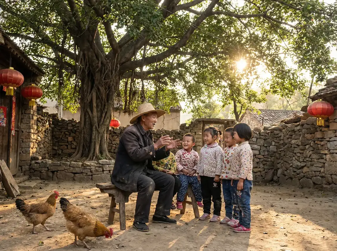 老人在大榕树下给孩子们讲故事 - 母子乱 乡村记忆
